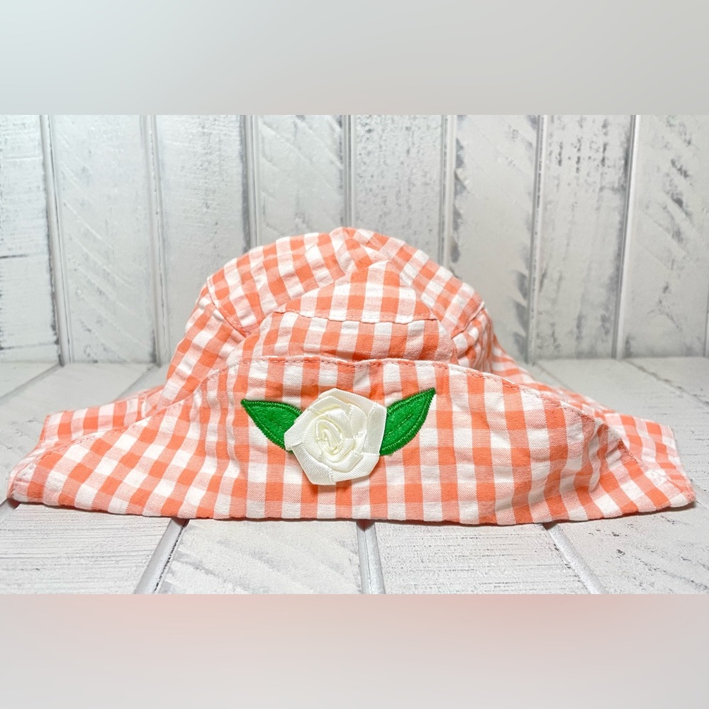 Baby Girl Sun Hat Gingham Print Peach And White With Flower Size 24 Months